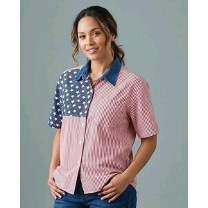Vintage Americana Flag Button Up Shirt Women Large 100% Cotton Patriotic USA 4th